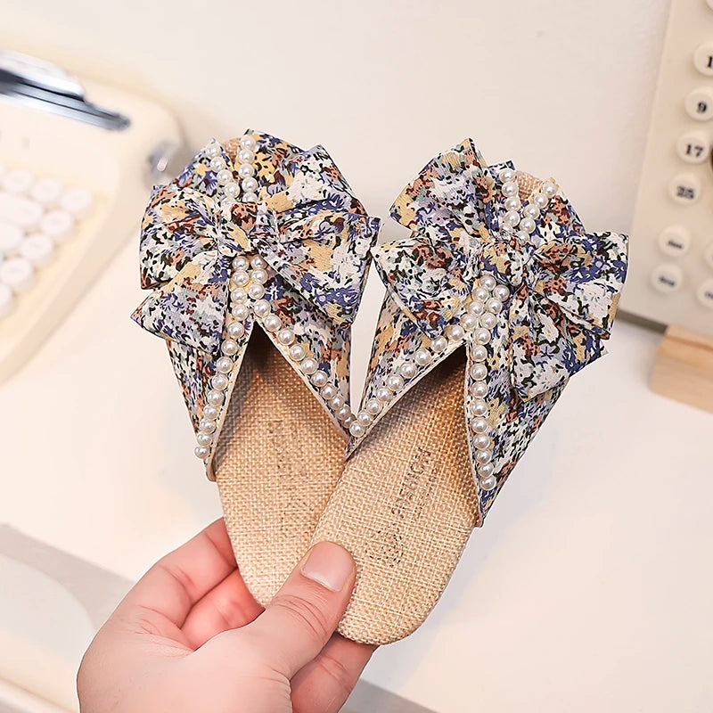 Sweet Girl's Slippers Flower Pearl Elegant Blue Orange Children Sliders Leisure Peep Toe 26-36 Light Slip-on Kids Summer Shoes