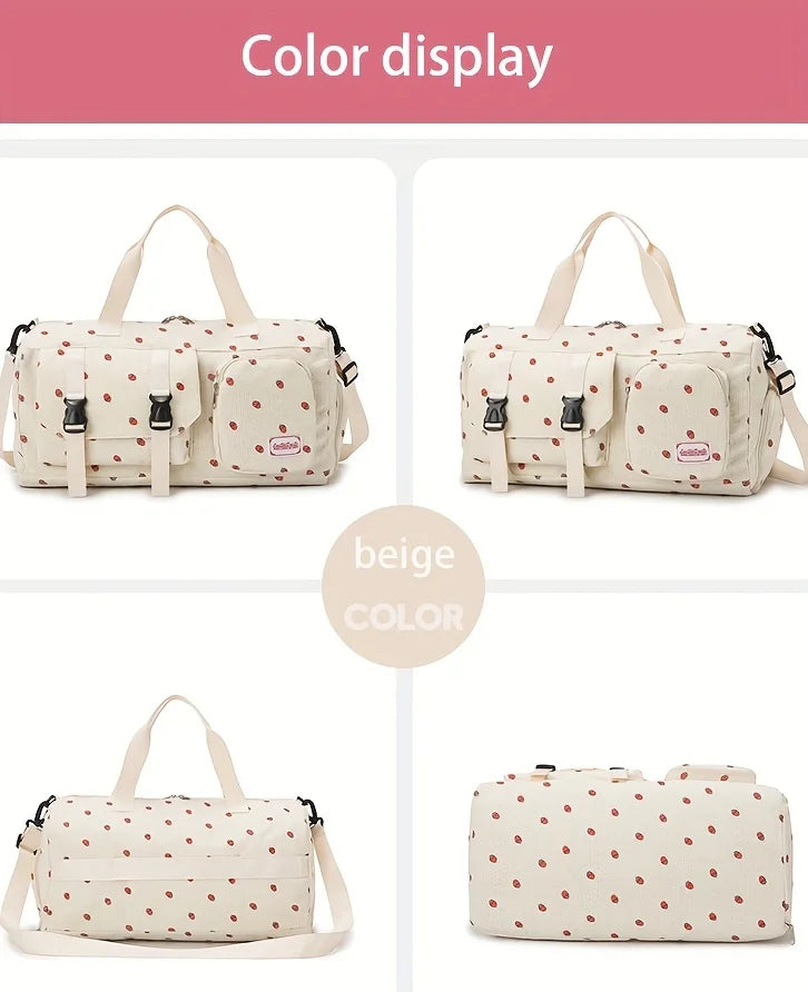 Large Capacity Travel Duffel Bag with Strawberry Pattern, Wet/Dry Separation, Independent Shoe Compartment & Multiple Pockets