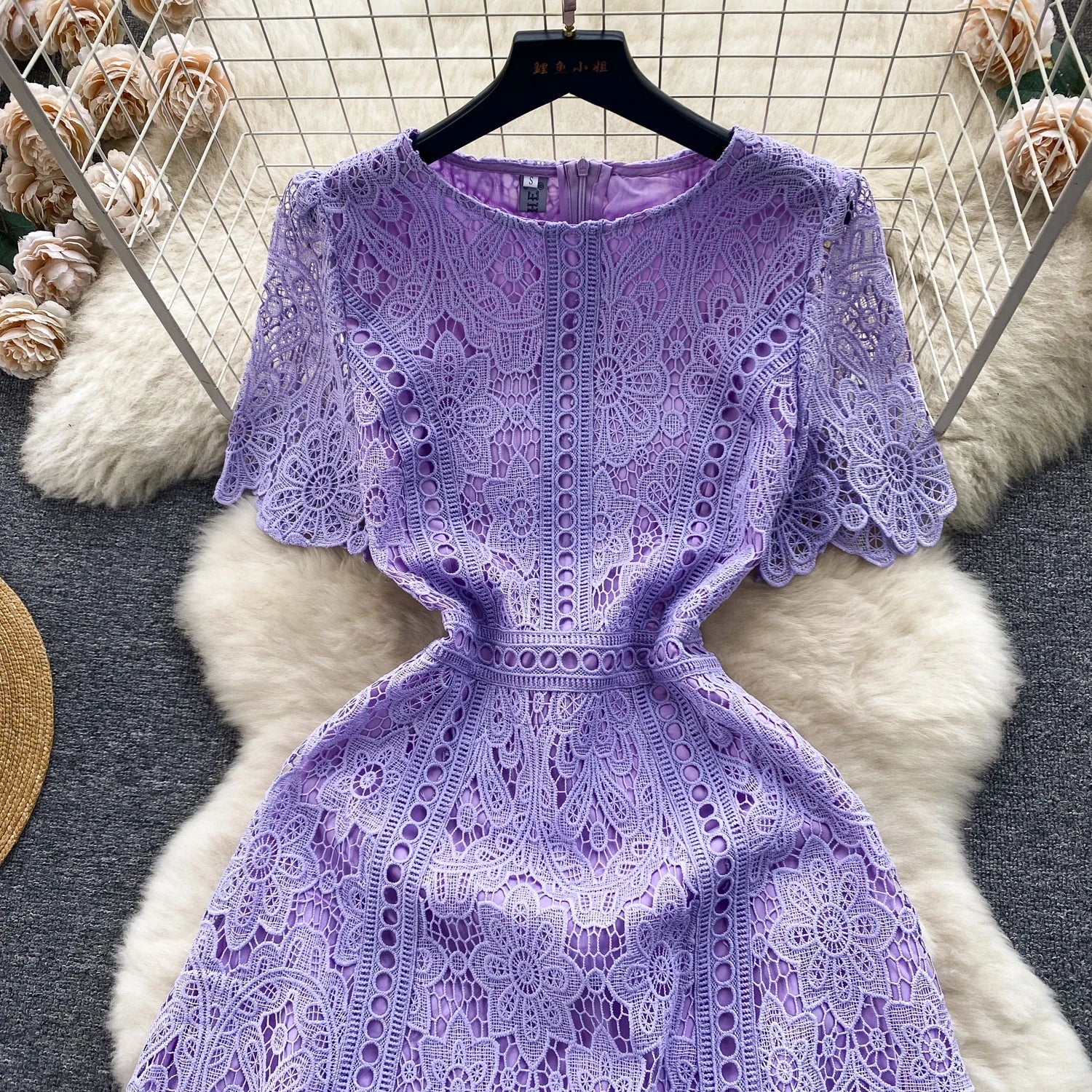 Embroidery Crochet Hollow Out Lace Dress For Women Summer Fashion Runway Short Sleeve Slim Waist Casual Party Midi Vestidos 6931