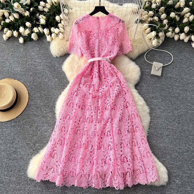 Luxury Pink Lace Midi dress with belt Women's 2025 Summer Elegant V-neck Rhinestone buttons Dresses Party clothing INKEO 4D094