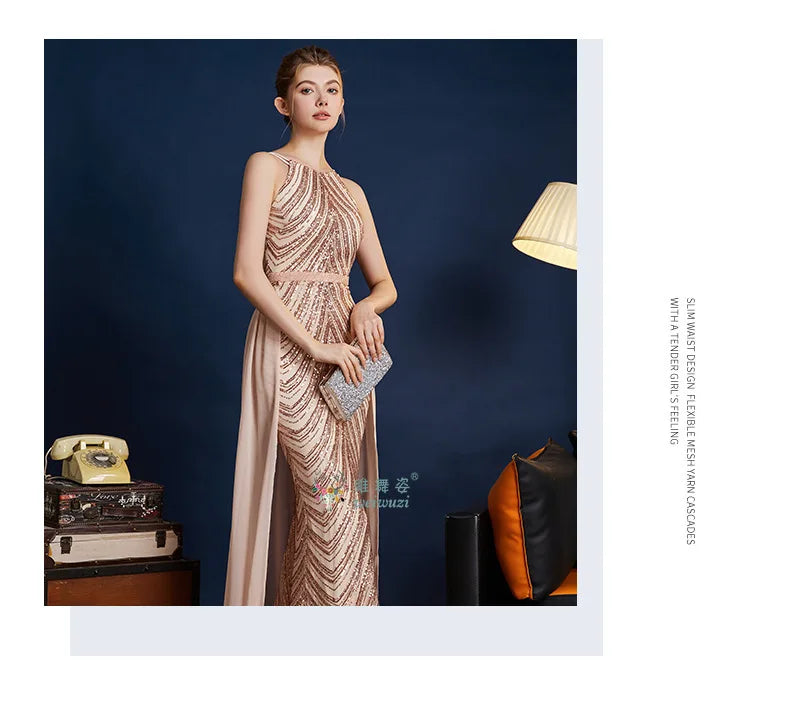 Chic High Sleeveless Sexy Backless Beading Sequined Mermaid Formal Evening Dresses Birthday Party Prom Gowns Elegant Luxury