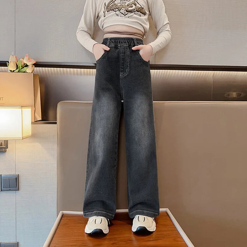 Jeans for Girls 2024 New Fashion Cartoon Printed Long Denim Trousers Teens Kids Cute Dog Pattern Wide Leg Pants 5 7 9 11 13 14Y