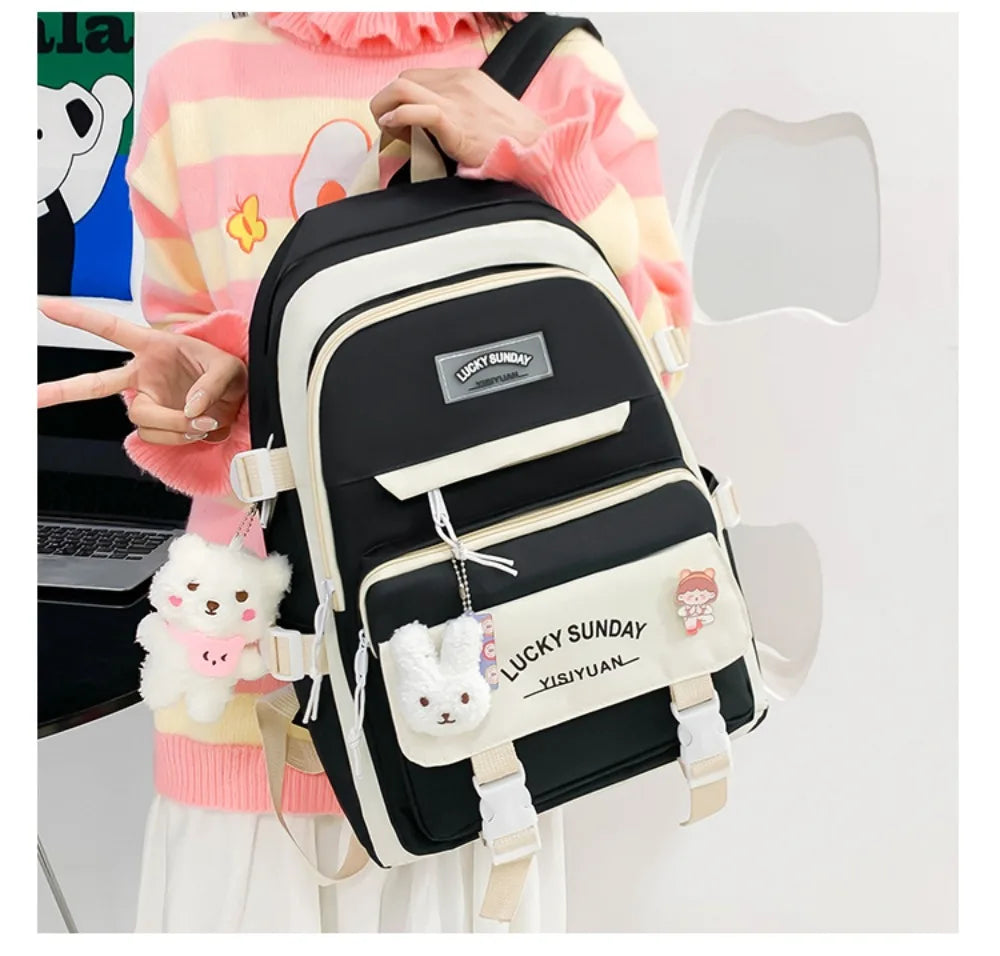 5 Pcs Cute Large Capacity Backpack Set Multifunctional Breathable Student Schoolbag Buckle Coin Purse School