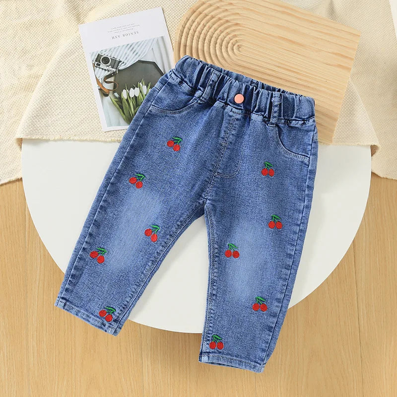 New children's denim pants girls' spring and autumn strawberry embroidery elastic versatile fashion pants 0-5 years old