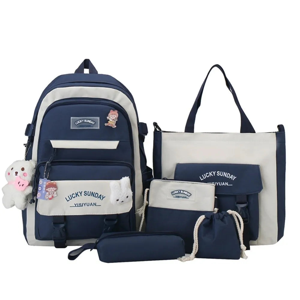 5 Pcs Cute Large Capacity Backpack Set Multifunctional Breathable Student Schoolbag Buckle Coin Purse School