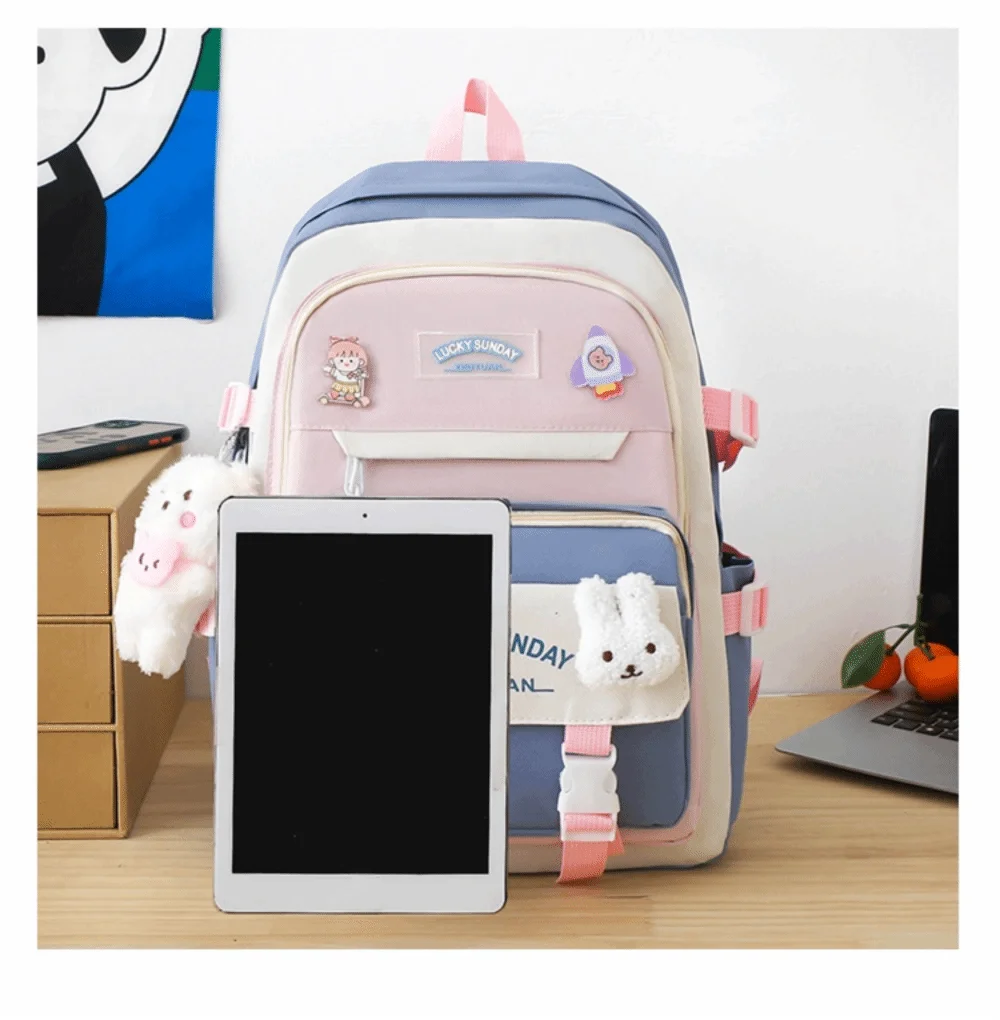5 Pcs Cute Large Capacity Backpack Set Multifunctional Breathable Student Schoolbag Buckle Coin Purse School