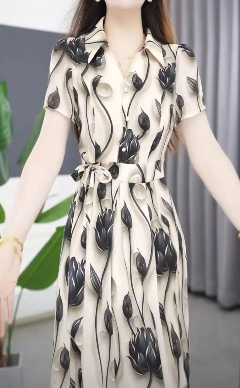 Women's Exquisite Printed Short Sleeved Dress 2024 Summer New Elegant And Beautiful Medium-length Shirt Skirt Mother's Outfit