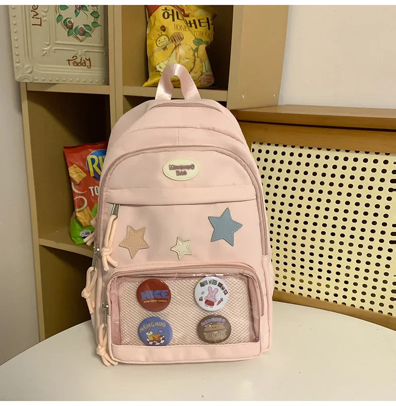 Casual Transparent Badge Large Capacity Commuter Backpack Suitable for Middle School Students Cute School Style Double Shoulder