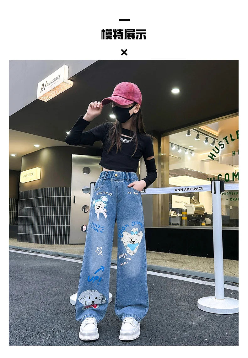 Jeans for Girls 2024 New Fashion Cartoon Printed Long Denim Trousers Teens Kids Cute Dog Pattern Wide Leg Pants 5 7 9 11 13 14Y