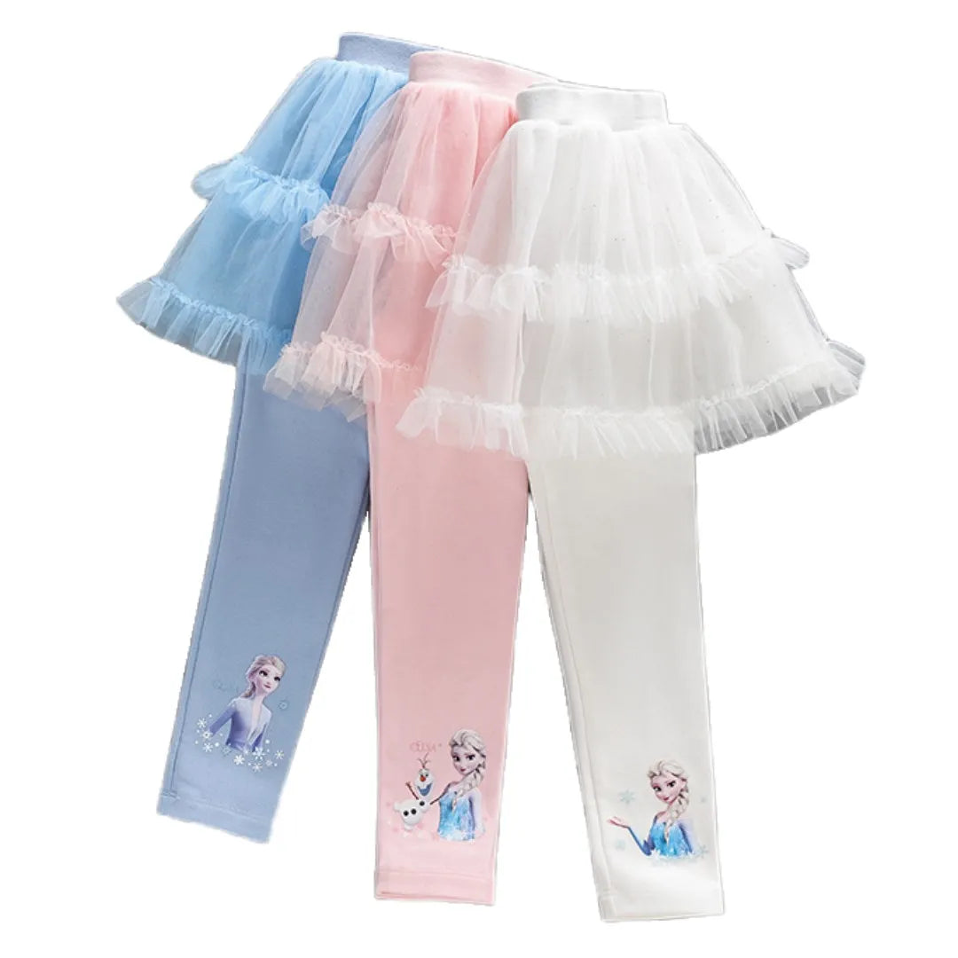 HOT TOYS Frozen Girl Legging Kids Elsa Design Tulle Pants Children White Pink Blue Trousers Baby Girl Clothes Size 90-140