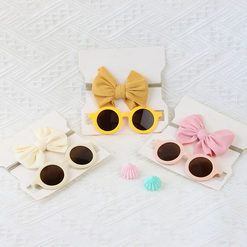 Baby Sunglasses Headband Set 0-5year Kids UV Protection Sun Glasses Nylon Elastic Toddler Bow Hairband Children Hair Accessories