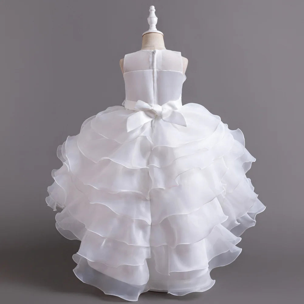 Girls Party Dress with Train, Puffy Cake Dress for Birthday & Flower Girl, Elegant Princess Gown for Host & Special Events