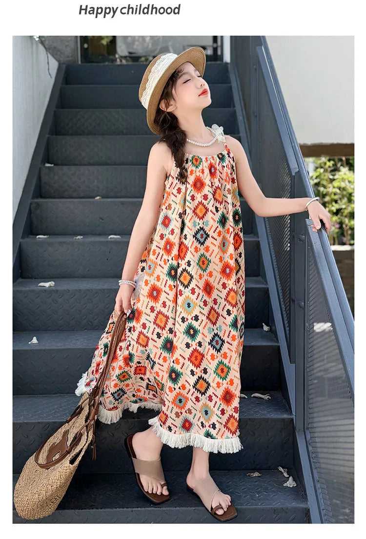 Girls' Summer Dress 2025 New Design for Children, Girls' Beach Bohemian Princess Dress for Older Kids.