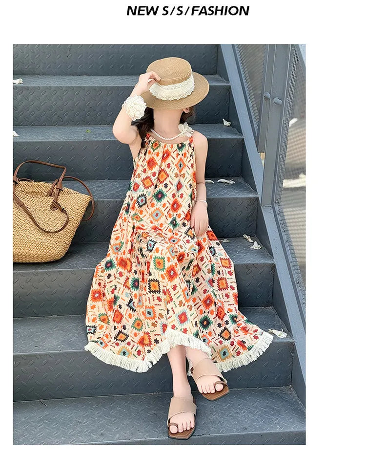 Girls' Summer Dress 2025 New Design for Children, Girls' Beach Bohemian Princess Dress for Older Kids.
