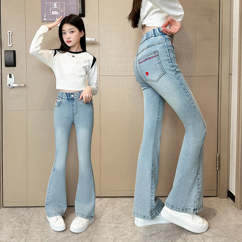 Child Slim Close-fitting Heart Pattern Flared Jeans For Girls Elegant Boot Cut Denim Leggings Pants Kids Fashion Jeans Trousers
