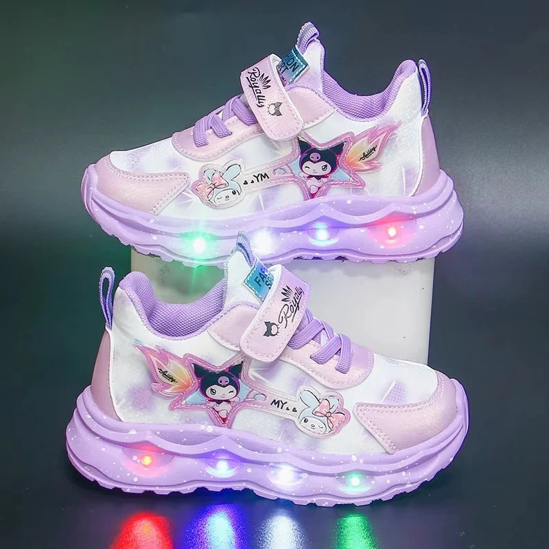 Kulomie girls' shoes with lights 2025 autumn new mesh breathable sports shoes leather waterproof soft-soled running shoes