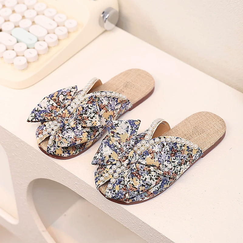 Sweet Girl's Slippers Flower Pearl Elegant Blue Orange Children Sliders Leisure Peep Toe 26-36 Light Slip-on Kids Summer Shoes
