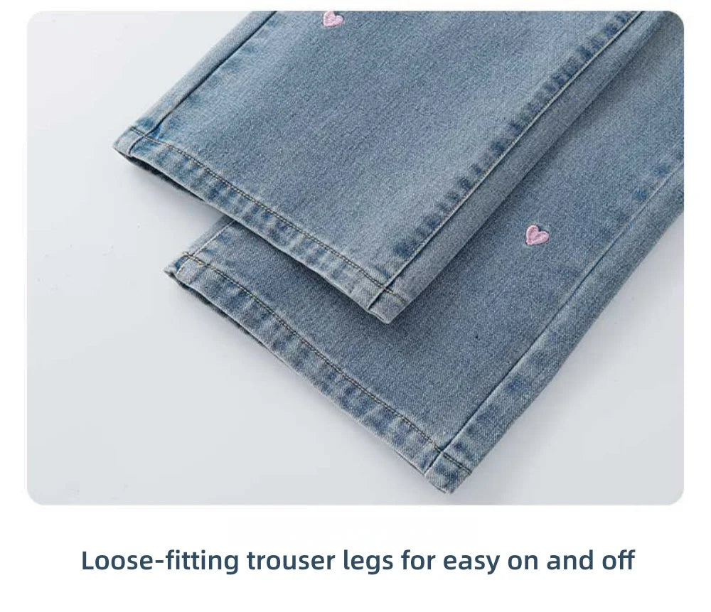 Girls Bootcut Jeans Kids Straight Denim Pants With Heart Embroidery Decoration Children Spring Autumn Stylish Durable Trousers