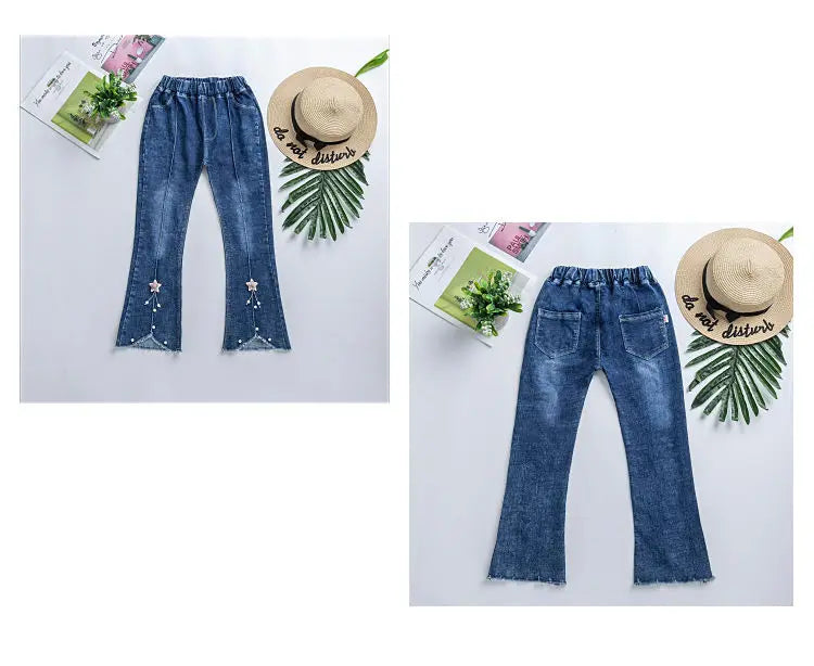Girls Blue Jeans for Children's Fashion Clothing Princess Kids Denim Wide-leg Pants Baby Teens Girl Flared Bow Applique Trousers