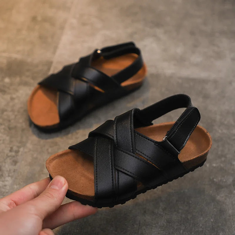 Children's Summer PU Open Toe Sandals For Boy Girl Roman Cork Sandals Outdoor Non Slip Soft Leather Beach Shoes For Kids Fashion