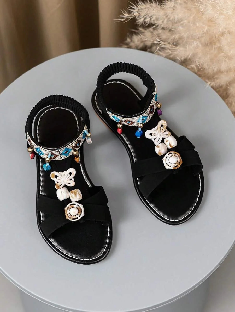 Fashion Children's Sandals 2025 Bohemian Shoes Hook Loop Comfortable Beach Sandals Random Beads Color