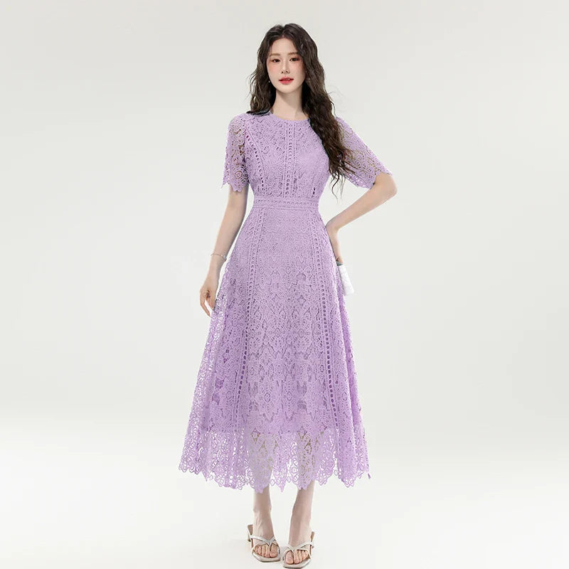 High Quality Lace Hollow Out Women Long Elegant Office Dress Summer French Chic Casual Vintage Purple Short Sleeve A-line Dress
