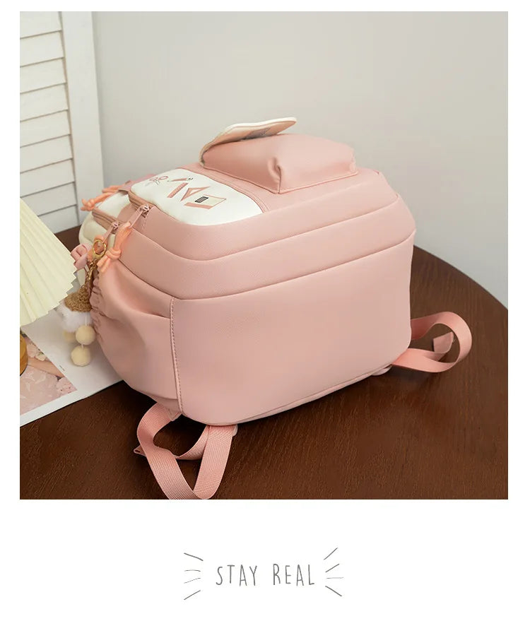 New cute rabbit children school backpack Fashionable splicing color contrast fresh lady knapsack kids schoolbags bring a doll