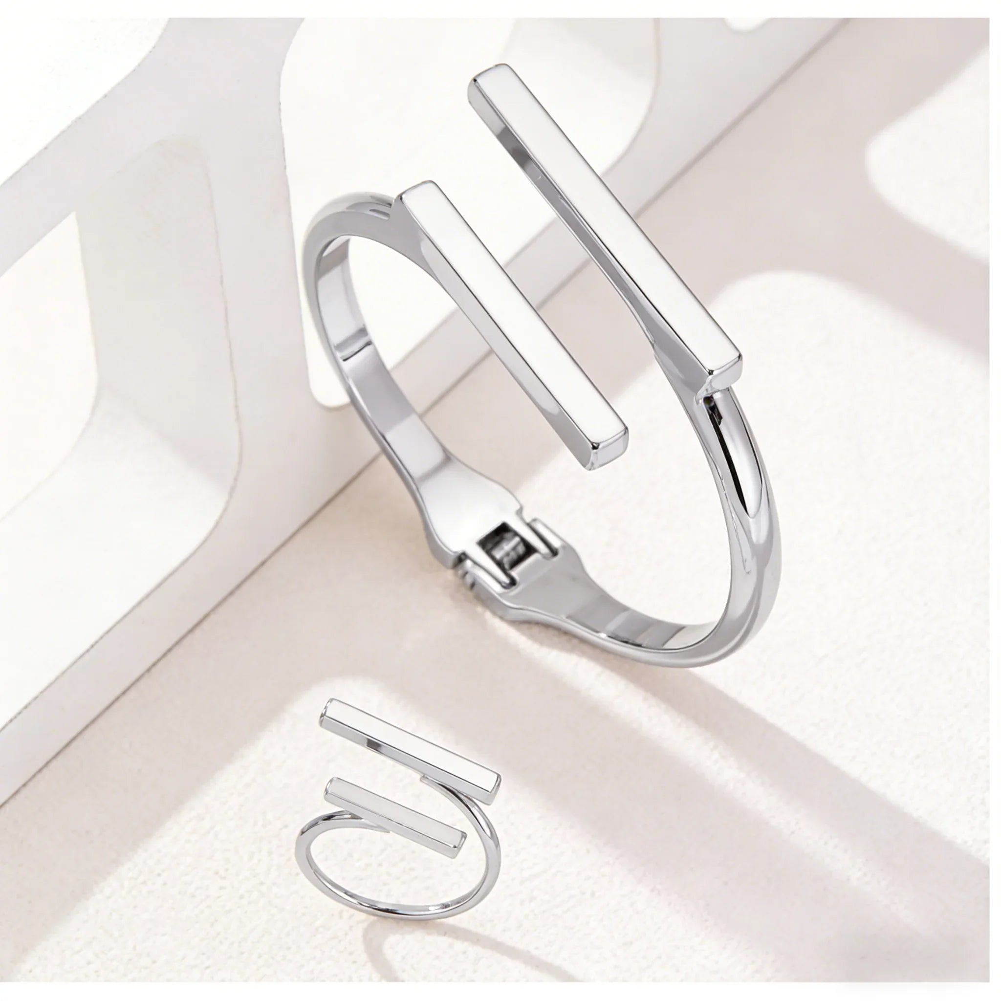 2pcs New Fashion Simple Design Geometric Open Bracelet Ring Set, Women's Personalized Trend Holiday Party Accessories Gifts