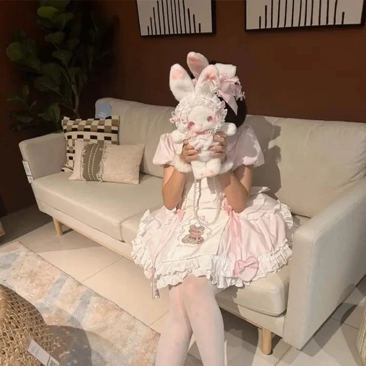 Kawaii Lolita Rabbit Shoulder Bag Cute Plush Crossbody Bag Y2K Girl Accessories Dolls Toys Pearl Chain Strap Makeup Bag