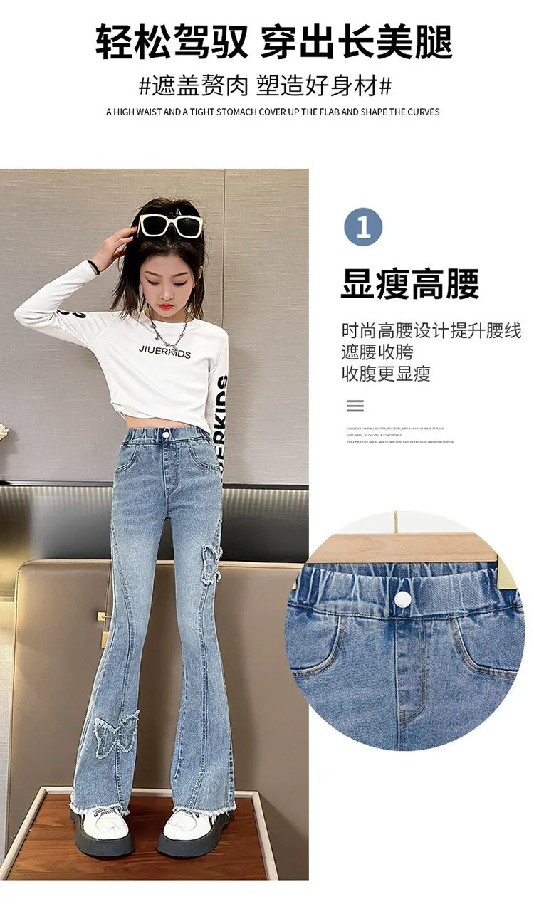 Fashion Jeans for Girls with Butterfly New Arrvial Kids Vintage Tight Denim Flare Pants 2024 Spring Autumn Teenage Slim Trousers