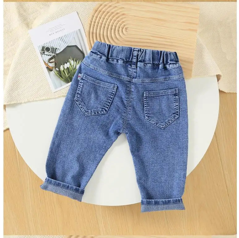 New children's denim pants girls' spring and autumn strawberry embroidery elastic versatile fashion pants 0-5 years old