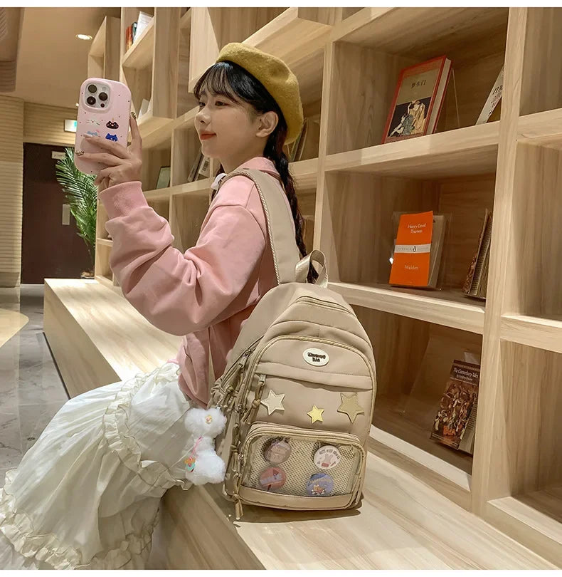 Casual Transparent Badge Large Capacity Commuter Backpack Suitable for Middle School Students Cute School Style Double Shoulder