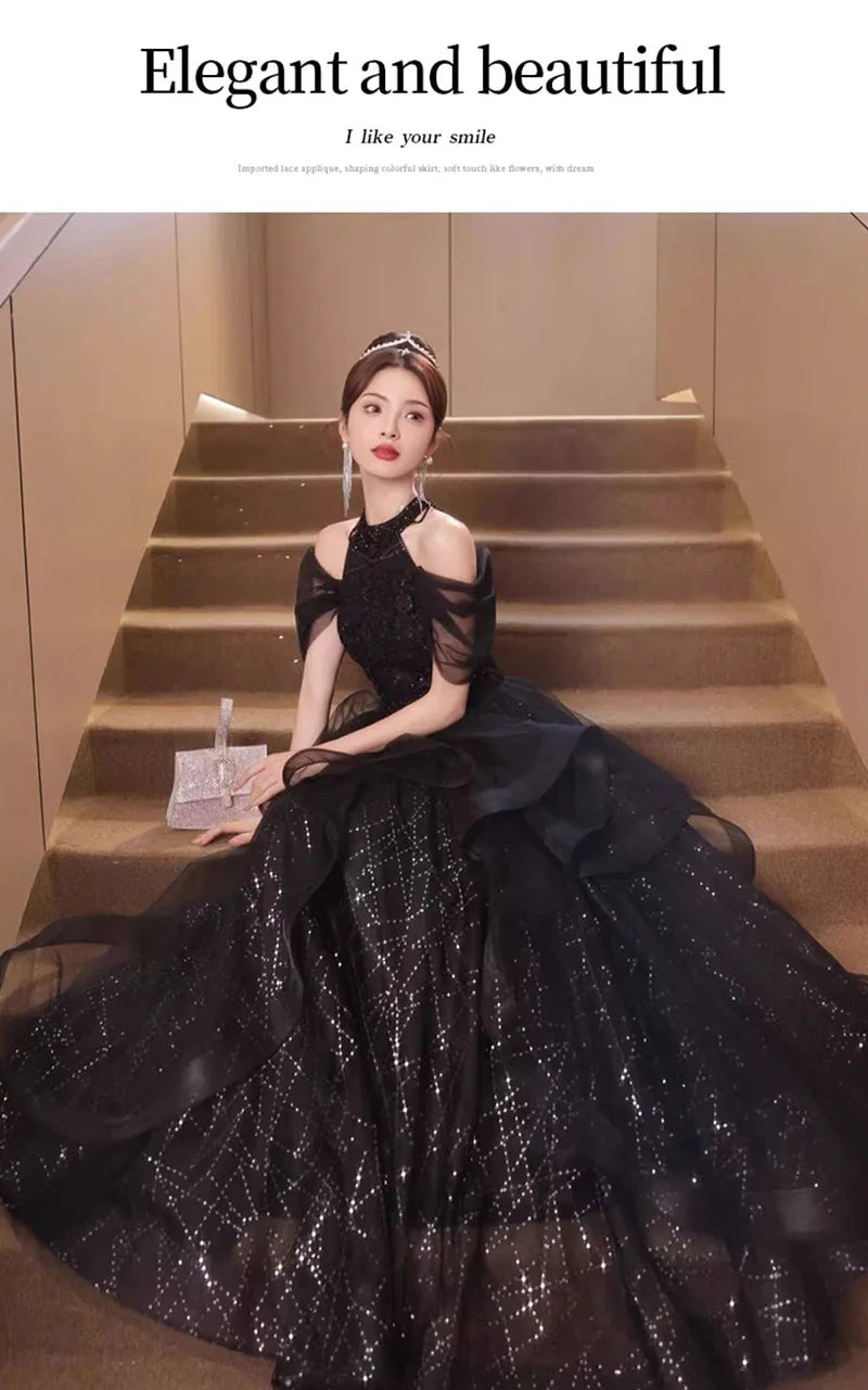 Evening Dresses Luxury 2026 Black Halter Evening Dress Corset Bodice Sequin Tulle Puffy Gown For Gala & Quinceanera