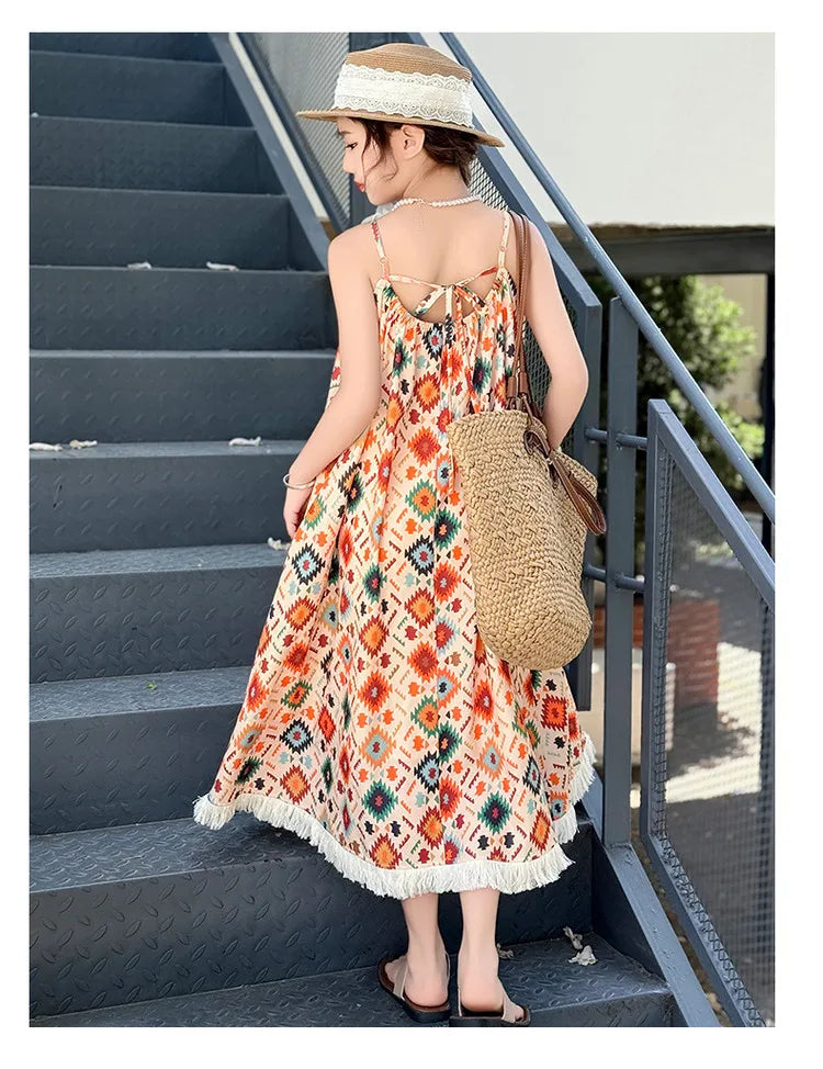 Girls' Summer Dress 2025 New Design for Children, Girls' Beach Bohemian Princess Dress for Older Kids.