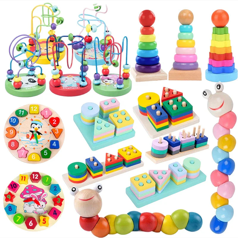 Children Wooden Toys Shape Matching Kids Montessori Early Education Toy Clock Rainbow Tower Caterpillar Around Beads Gifts TMZ