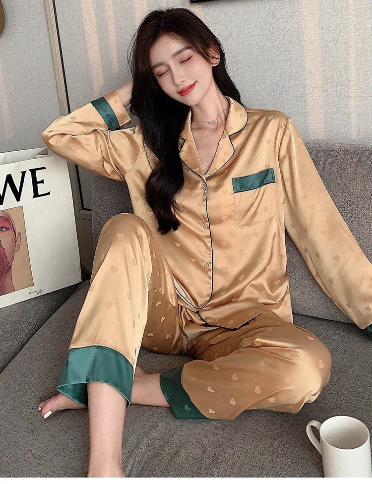 Top Autumn New Ice Silk Women Pajama Lapel Button Cardigan Outfits for Women 2 Piece Set Fashion Printing Set Clothes for Women