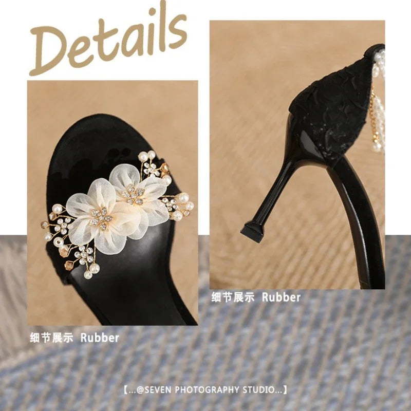 Small Size 31 -43 Women Peep Toe Sandals Wedding Heels Wide Fat Feet Shoes for Women Pearl Flower Bridal Shoes Zaptos Mujer