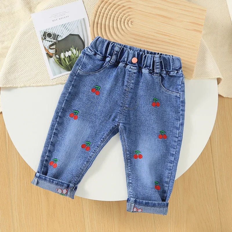 New children's denim pants girls' spring and autumn strawberry embroidery elastic versatile fashion pants 0-5 years old