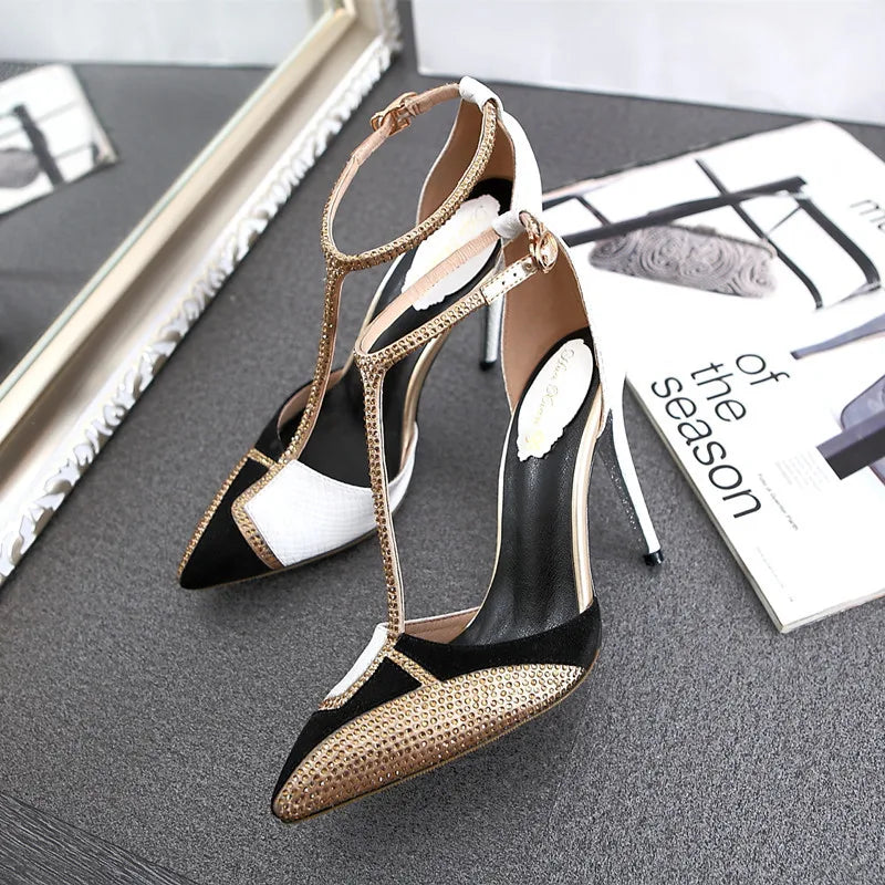 Spring and summer pointed toe hollow patent leather shoes thin high-heeled banquet dress large size small size women's sandals