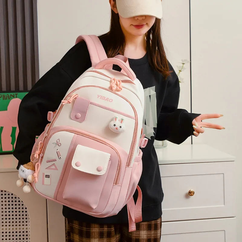 New cute rabbit children school backpack Fashionable splicing color contrast fresh lady knapsack kids schoolbags bring a doll
