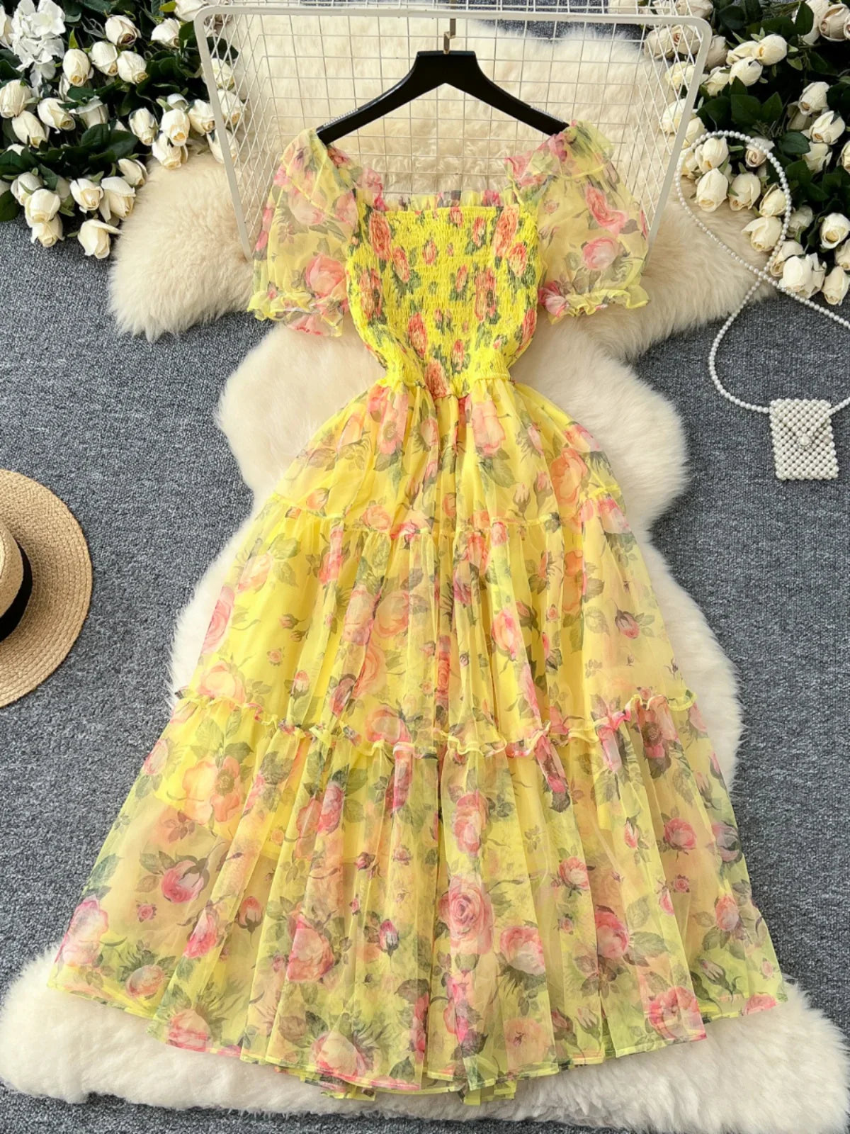 Retro Floral Chiffon Dr Women's Waist Cinched One oulder Bubble Sve Me Skirt Commute Korean Sle High Waist A-Line...