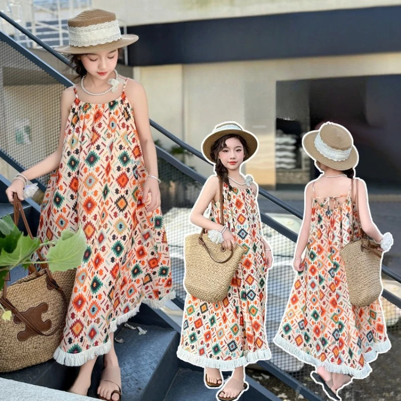 Girls' Summer Dress 2025 New Design for Children, Girls' Beach Bohemian Princess Dress for Older Kids.