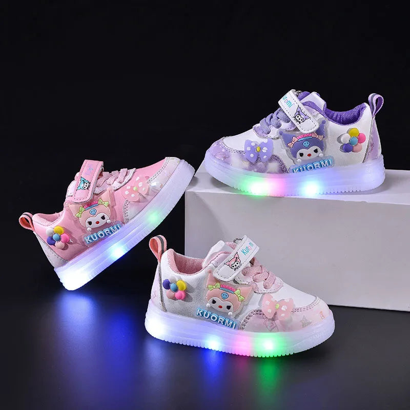 2025 New Autumn Kids Light Up Sneakers Girls Cartoon White Shoes Colorful LED Korean Casual Shoes