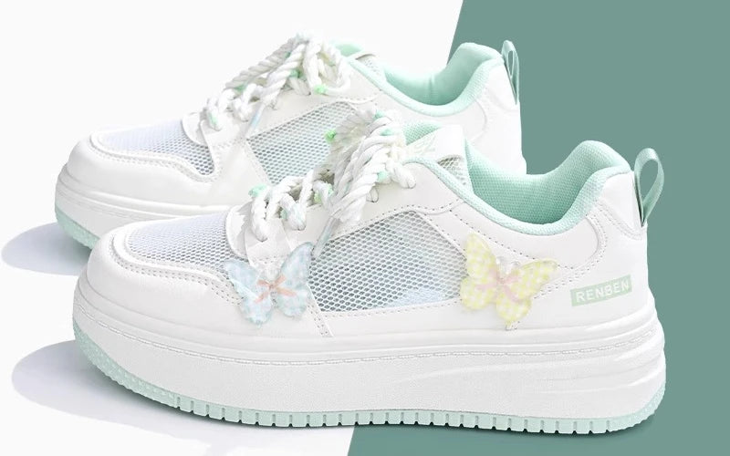 2025 Spring Summer New Versatile White Shoes Mesh Breathable Butterfly Embroidery Thin Height-Increasing Flat Sneakers