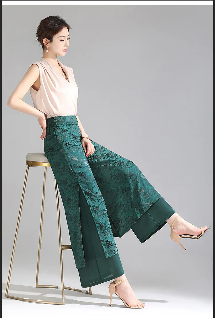 Chiffon Wide Wide Trousers Female Elegant Vintage New Pants Summer Thin Split Loose Skirt Pants Women Black Green