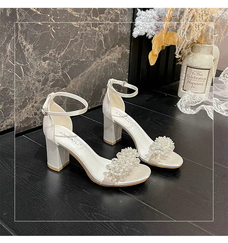 2025 New Style Thick Heel Line With Round Head Large Size Sandals Pearl Buckle High Heel White Bridal Wedding Shoes For Female