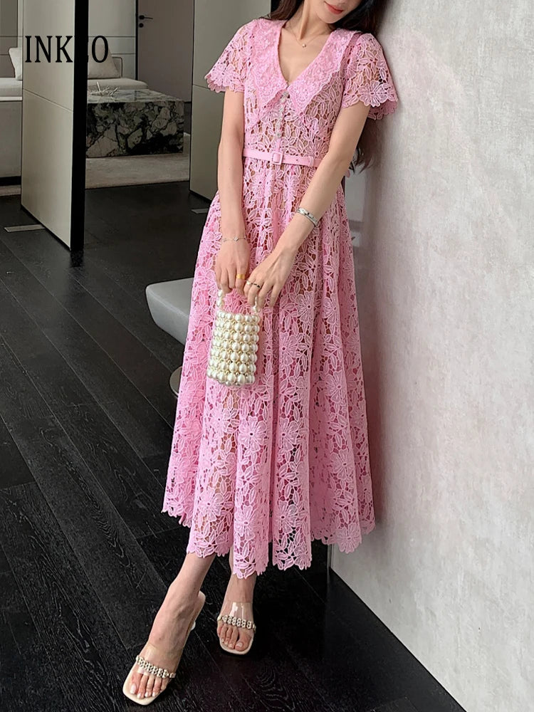 Luxury Pink Lace Midi dress with belt Women's 2025 Summer Elegant V-neck Rhinestone buttons Dresses Party clothing INKEO 4D094