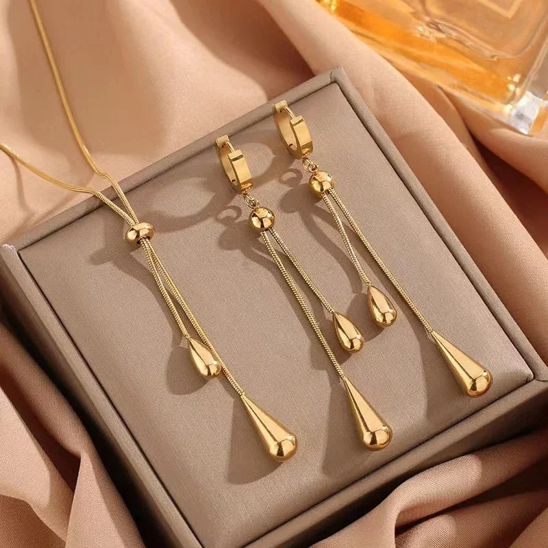 Stainless Steel New Fashion Jewelry Sets Pulling Adjustment Droplet Shape Charm Chain Choker Necklaces Earrings for Women