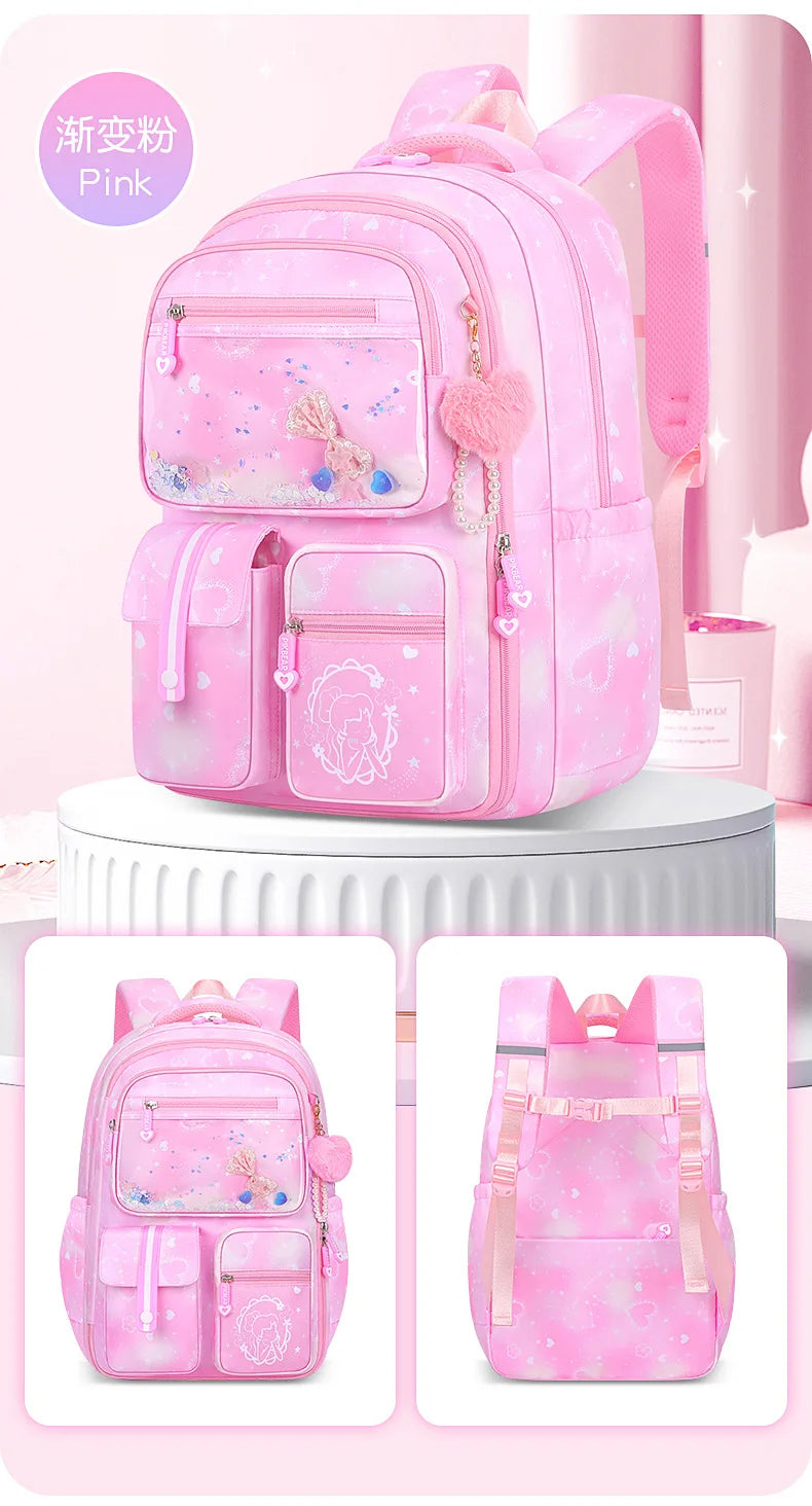 Refrigerator Door Multiple Pockets Light Burden Reduction Elementary School Bag Female Children's Backpack with Pendant