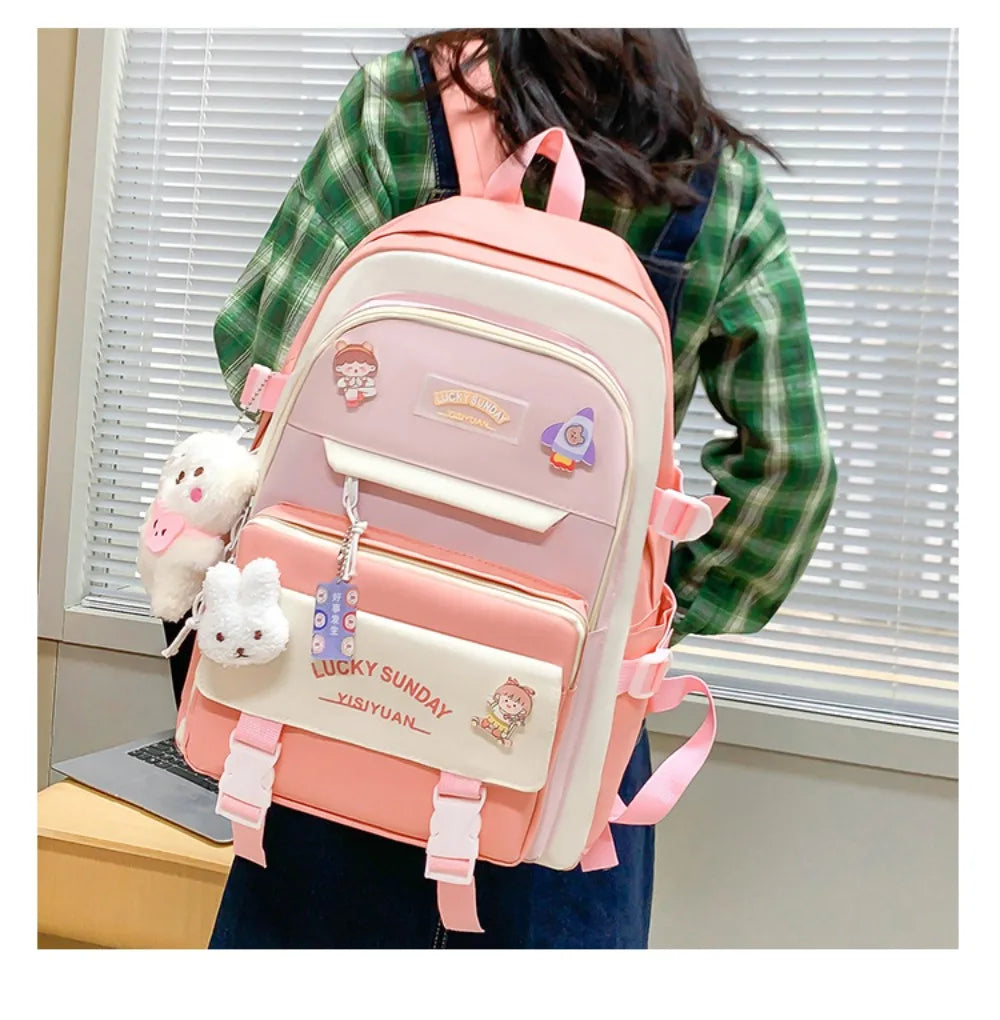 5 Pcs Cute Large Capacity Backpack Set Multifunctional Breathable Student Schoolbag Buckle Coin Purse School